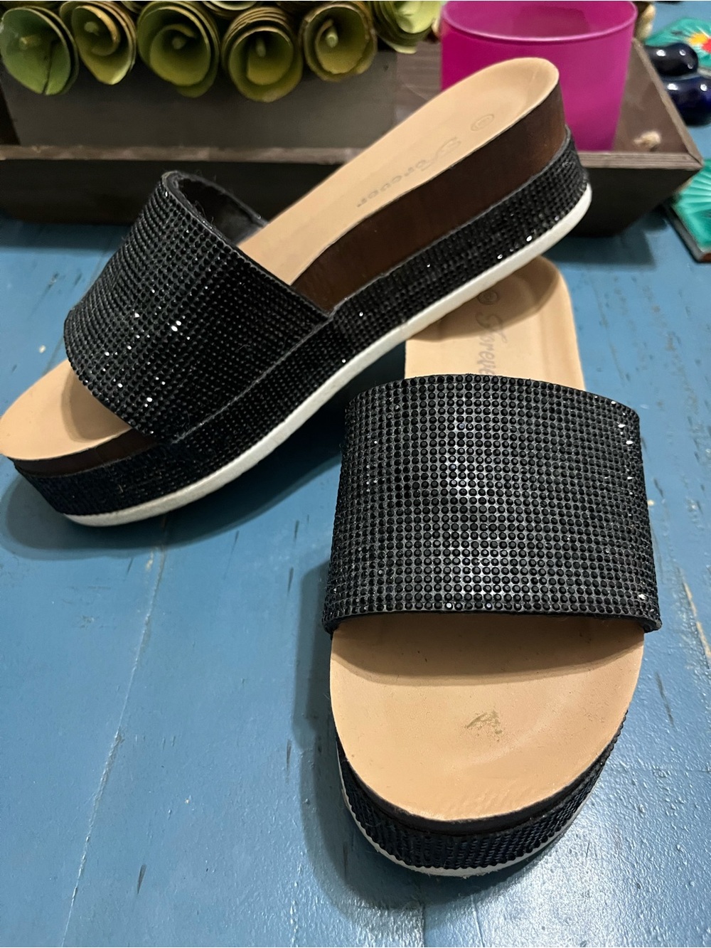 Forever 21 Black Rhinestone Slide Platform Sandals